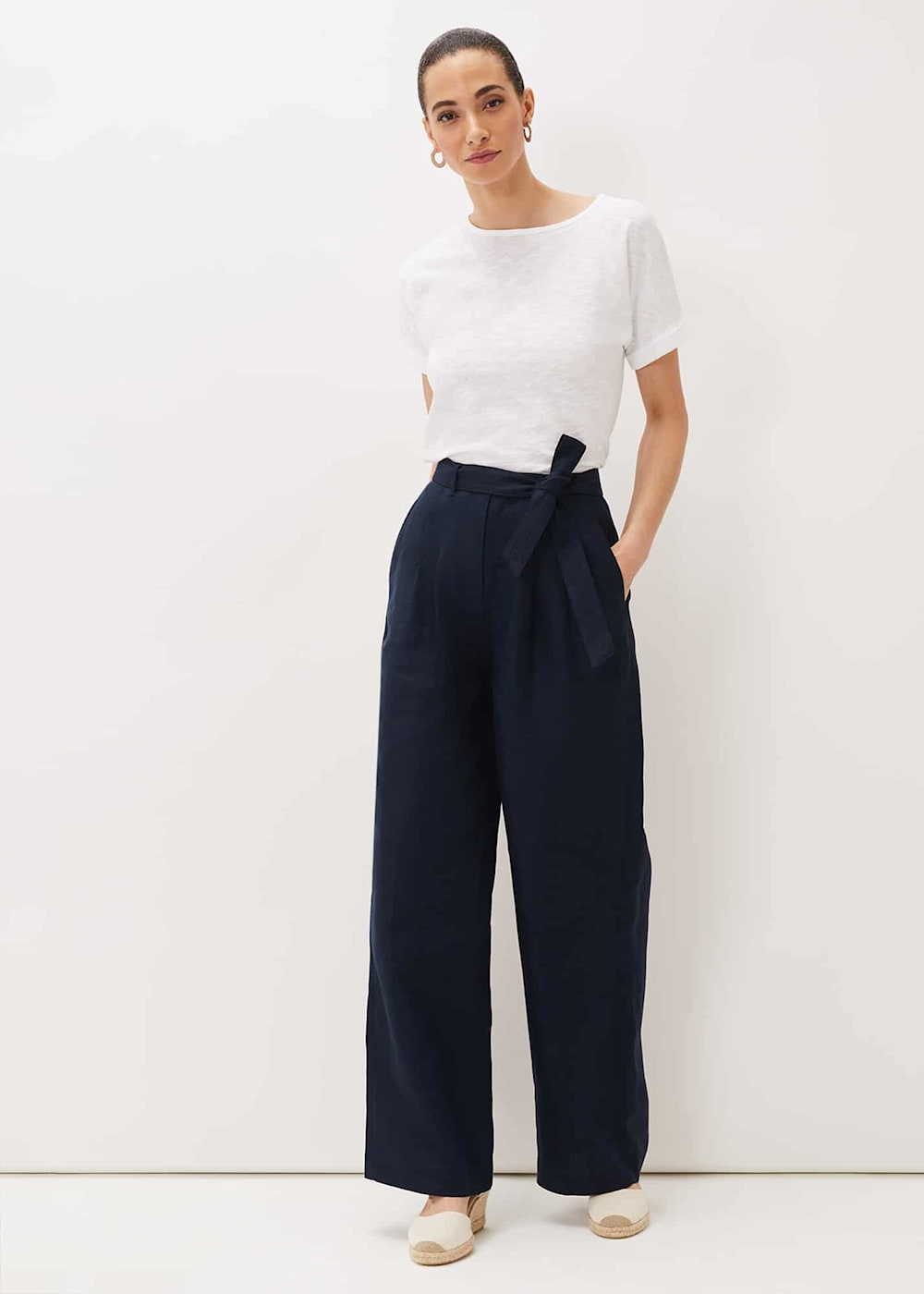 Navy linen wide leg trousers online