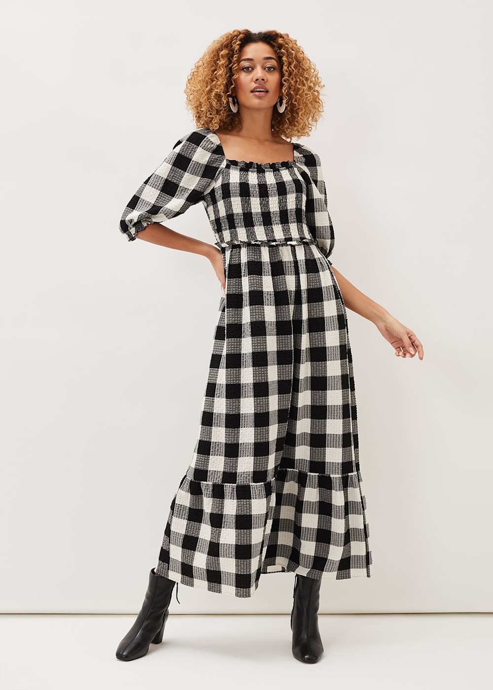 Check square neck dress store