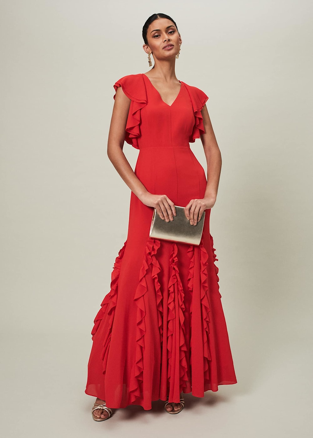 Long red ruffle dress store