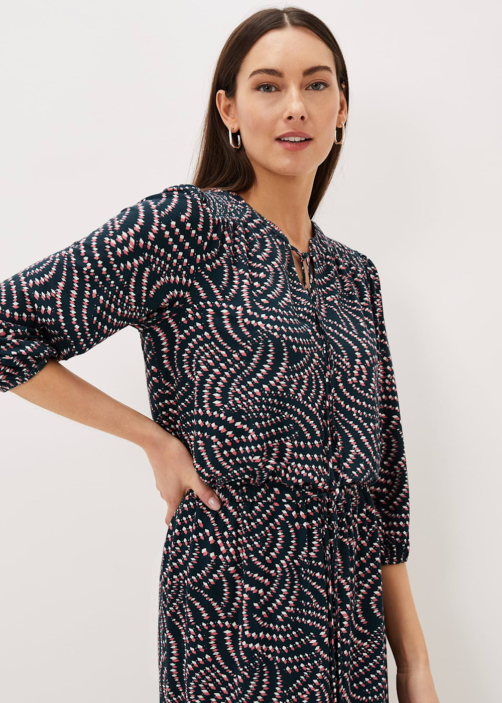Geo border tie neck dress on sale