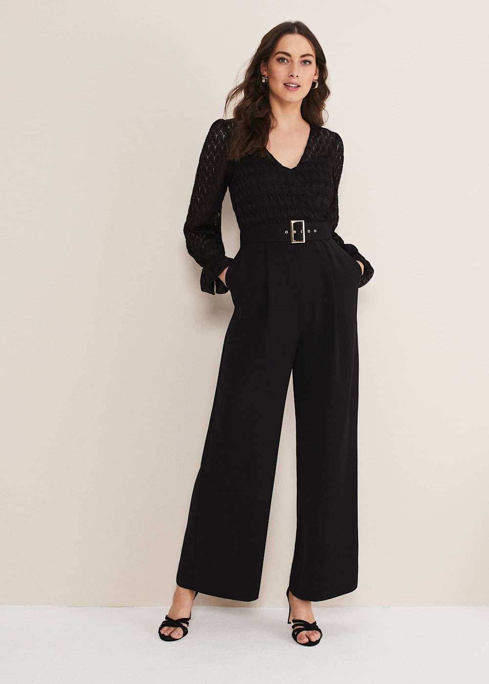 Black lace sleeve jumpsuit clearance