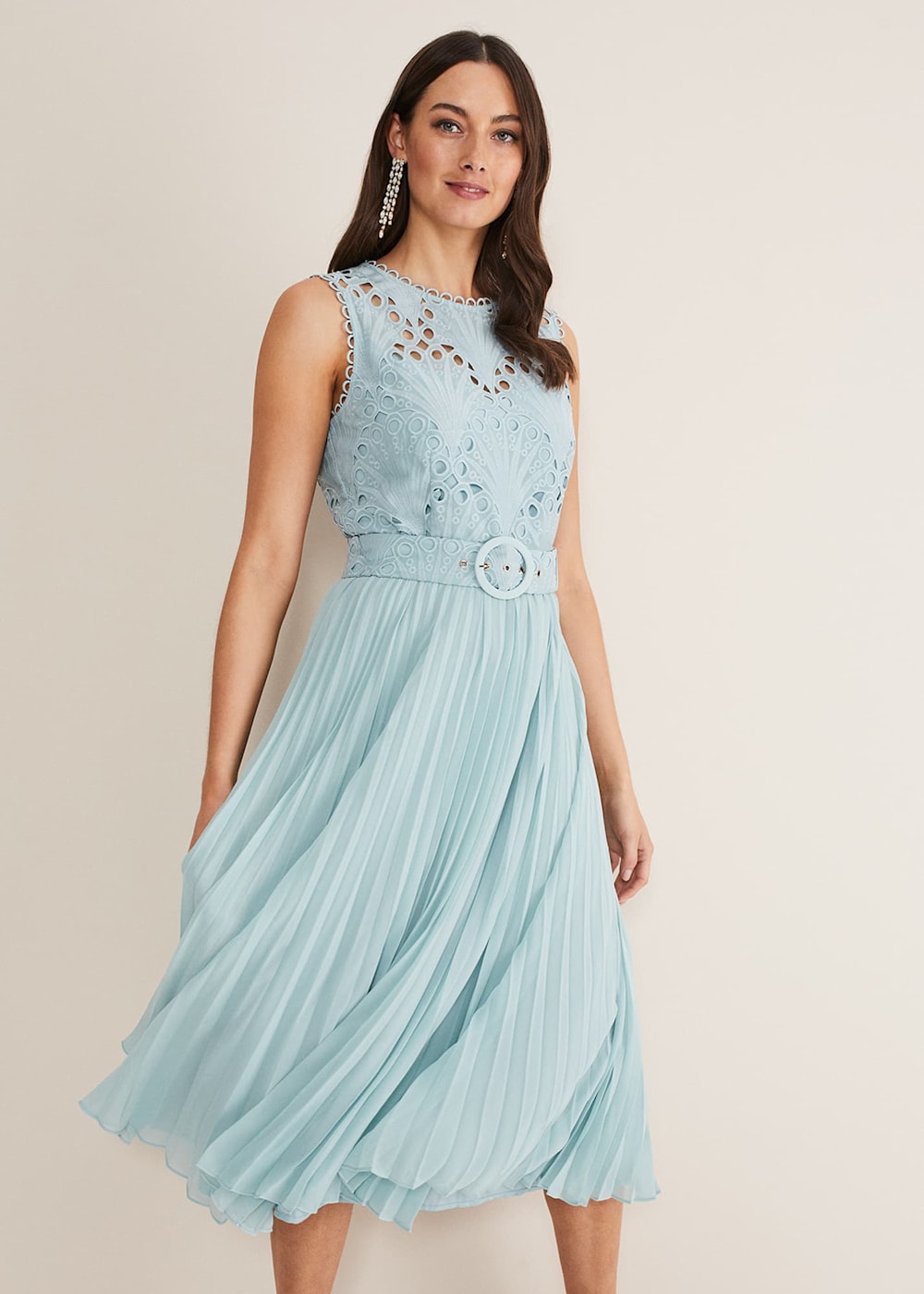 Light Blue Lace Bodice Midi Dress with Adjustable Belt Phase Eight Phase Eight UK