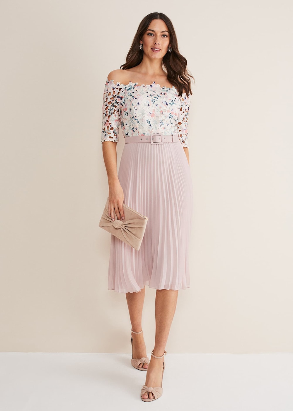 Off Shoulder Floral Applique Dress with Pleated Skirt Phase Eight Phase Eight UK
