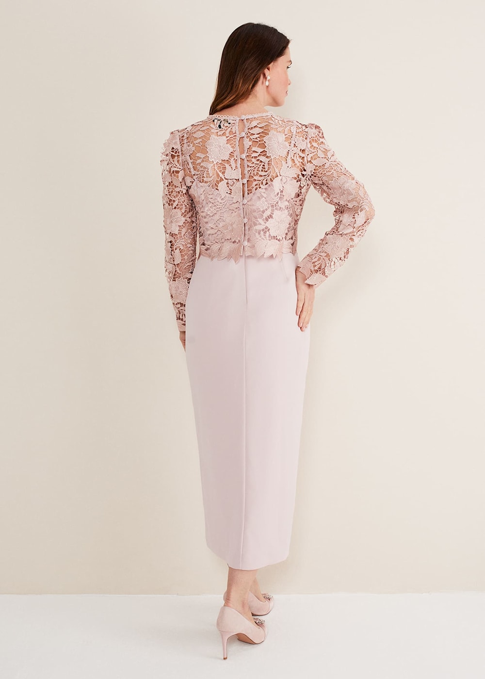 Light Pink Lace Bodice Midi Dress Long Sleeves Phase Eight Phase Eight UK