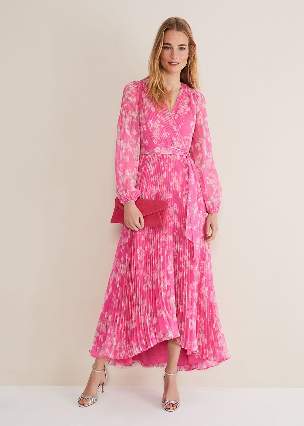 Pleated floral maxi dress clearance