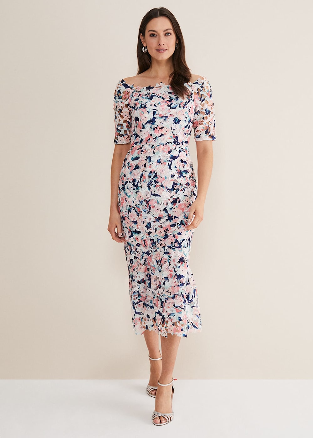 Off the shoulder floral midi dress store