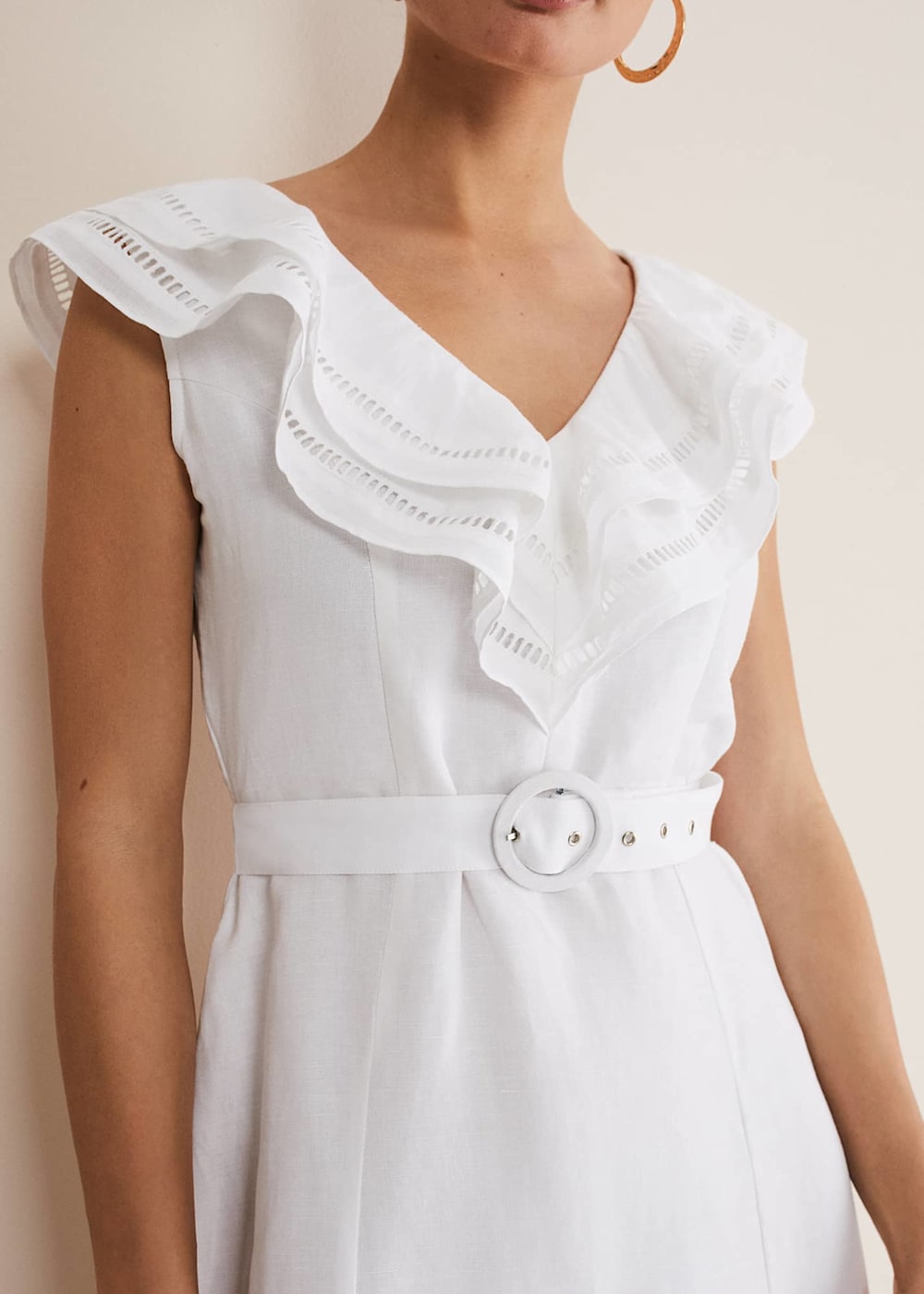 White linen ruffle dress deals