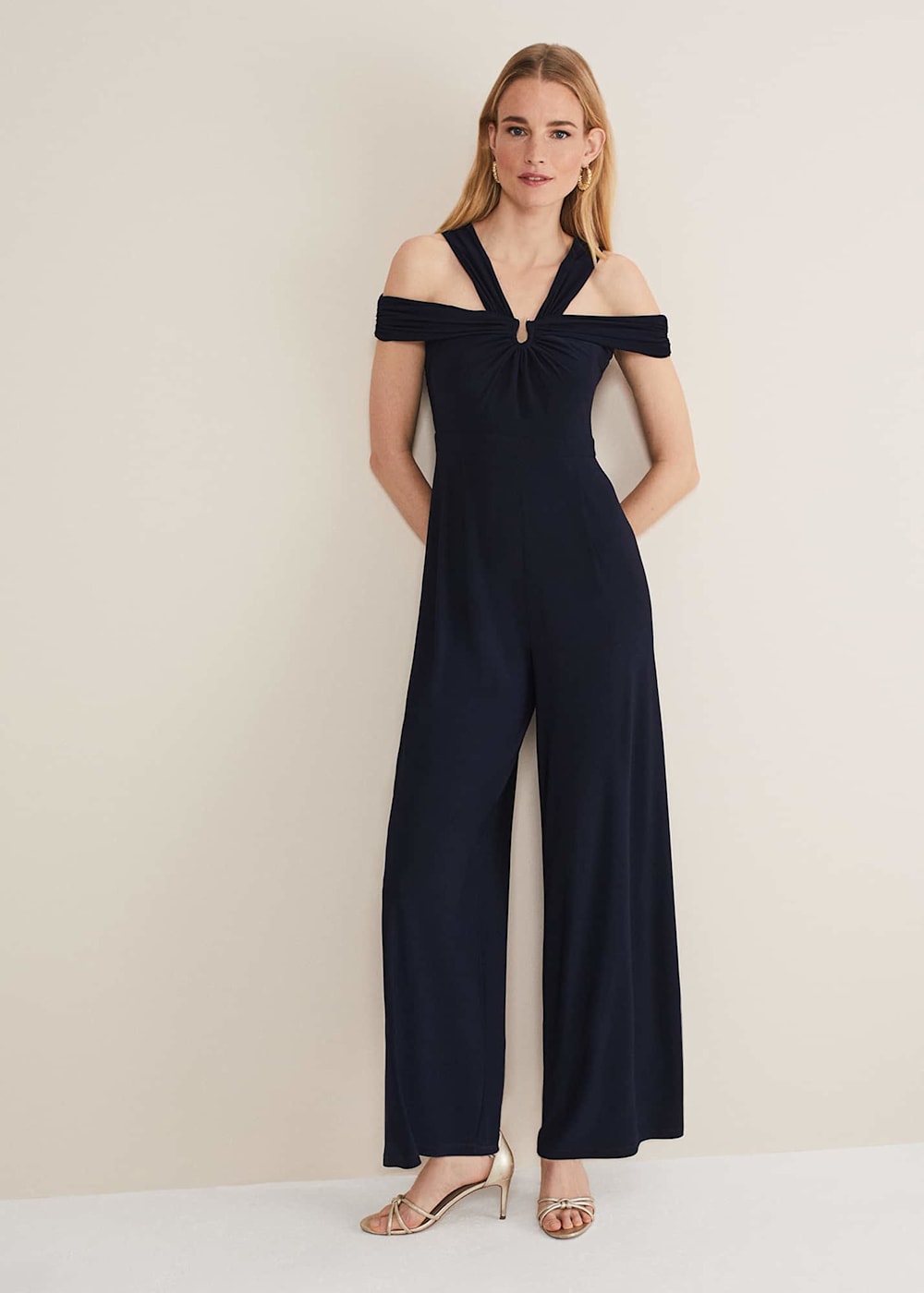 Off the shoulder navy jumpsuit store