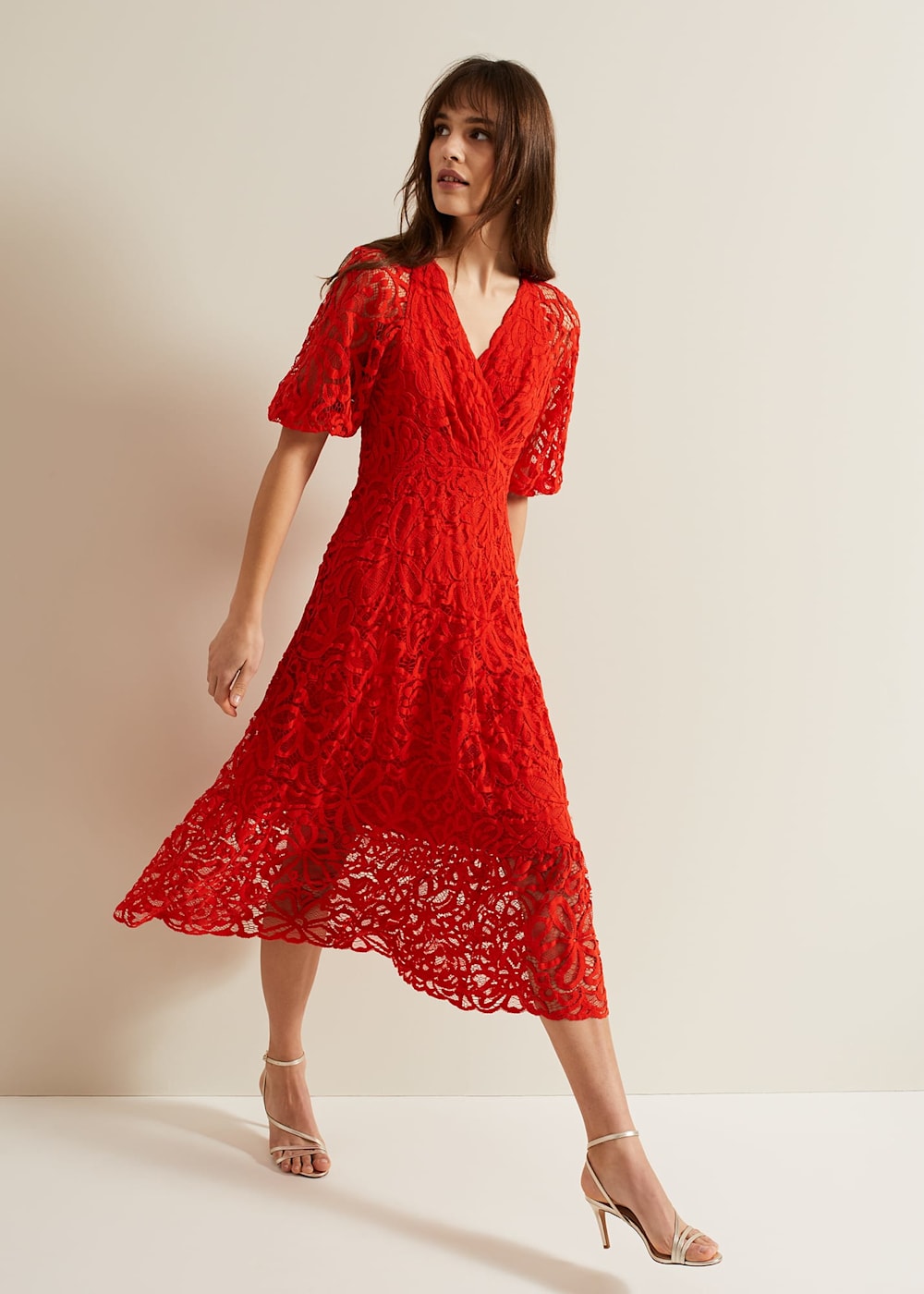 Phase Eight Senna Lace Midi Dress Vermillion Size 18