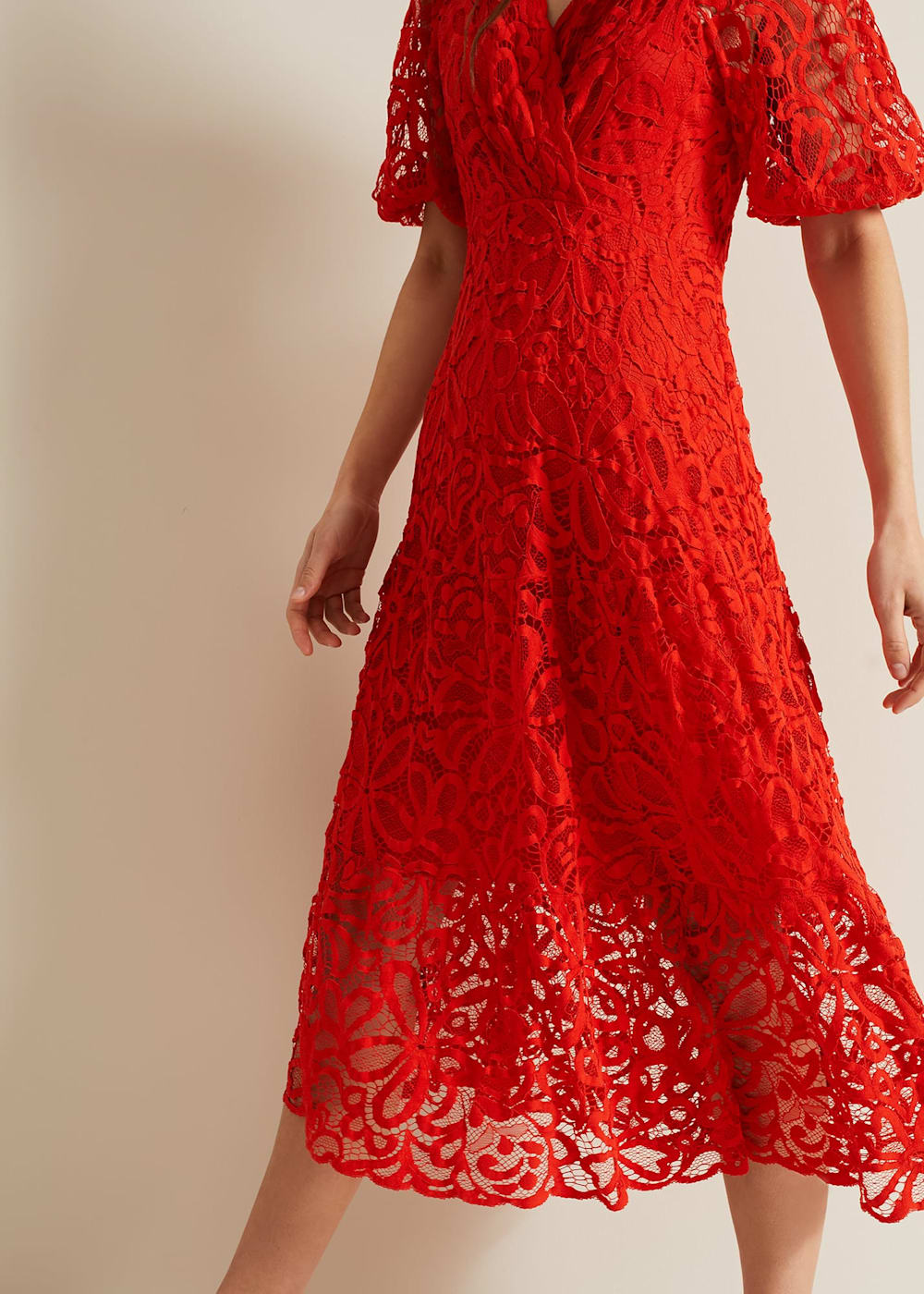 Red lace midi dress with sleeves hotsell