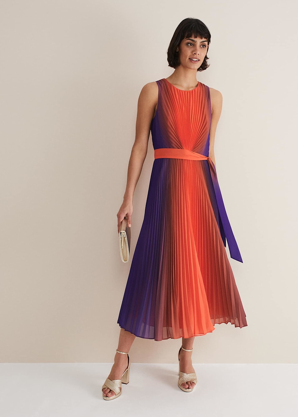 Orange Mutlicoloured Ombre Pleated Midi Dress Phase Eight Phase Eight ROW