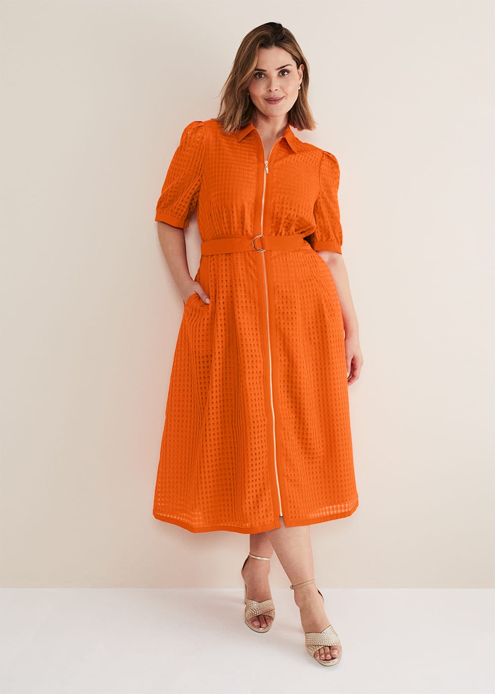 Carey Orange Checked Textured Midi Dress Phase Eight UK