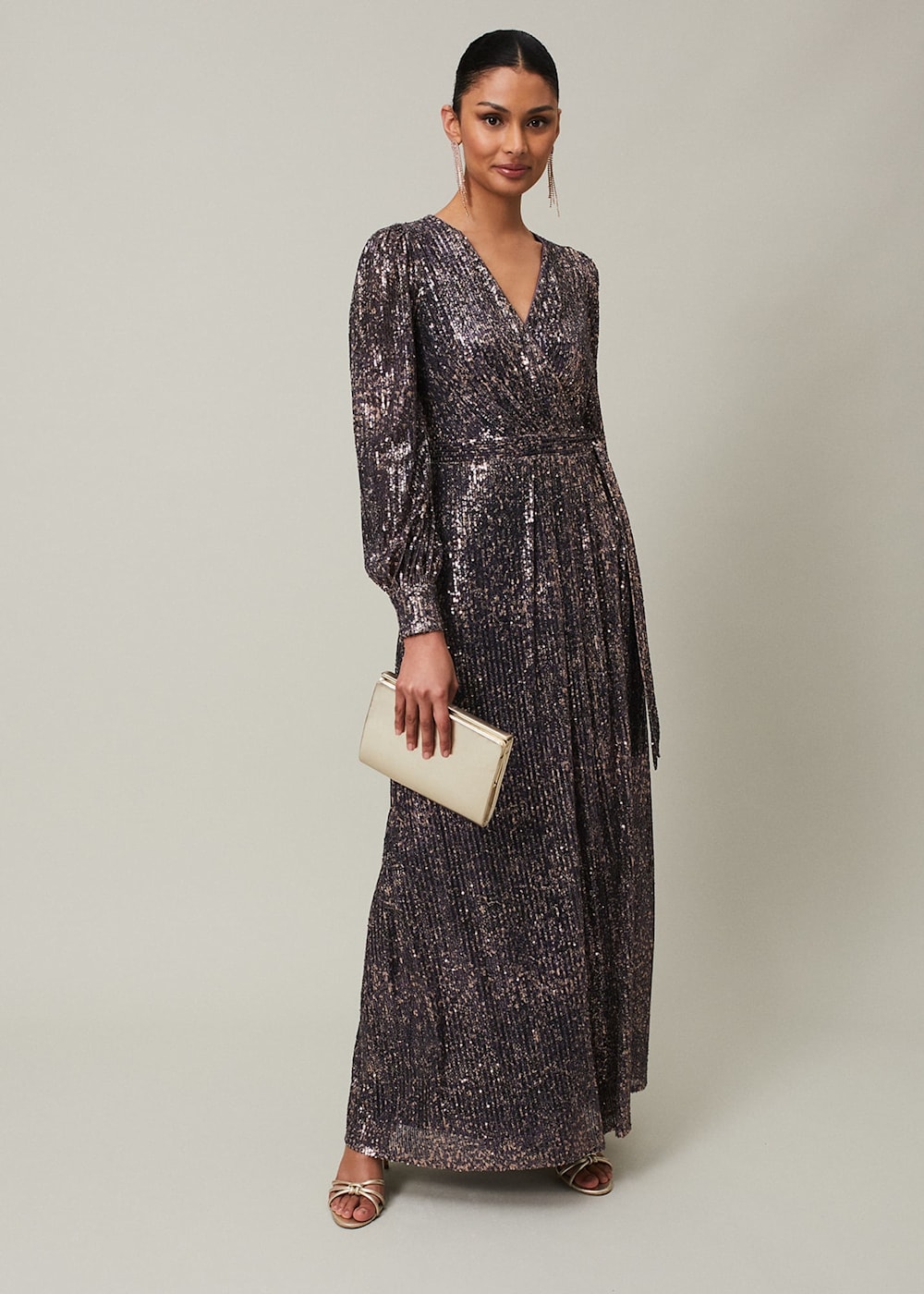 Sequin Maxi Dress with Long Sleeves Wrap Around Bodice Phase Eight Phase Eight UK