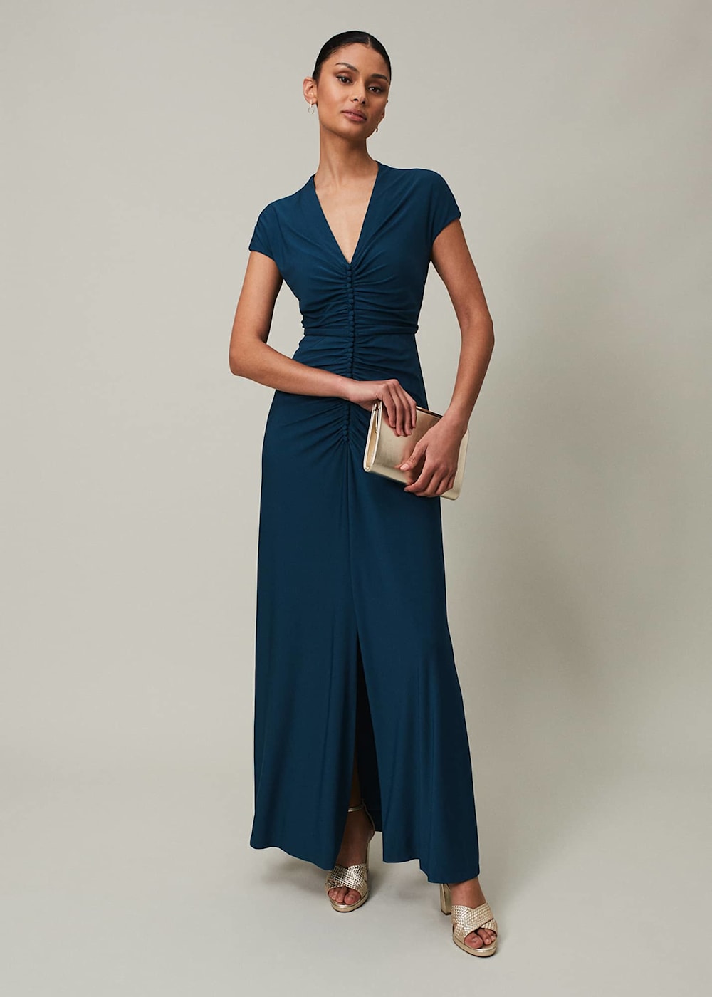 Ruched Maxi Dress with V Neck Short Sleeves in Teal Phase Eight Phase Eight UK