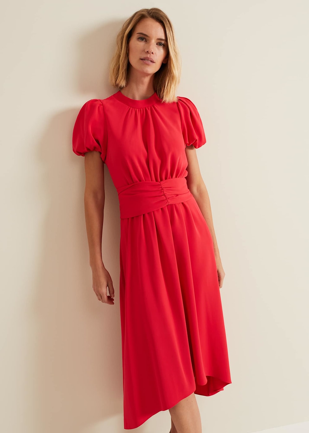 Paulina Coral Puff Sleeve Midi Dress Phase Eight UK