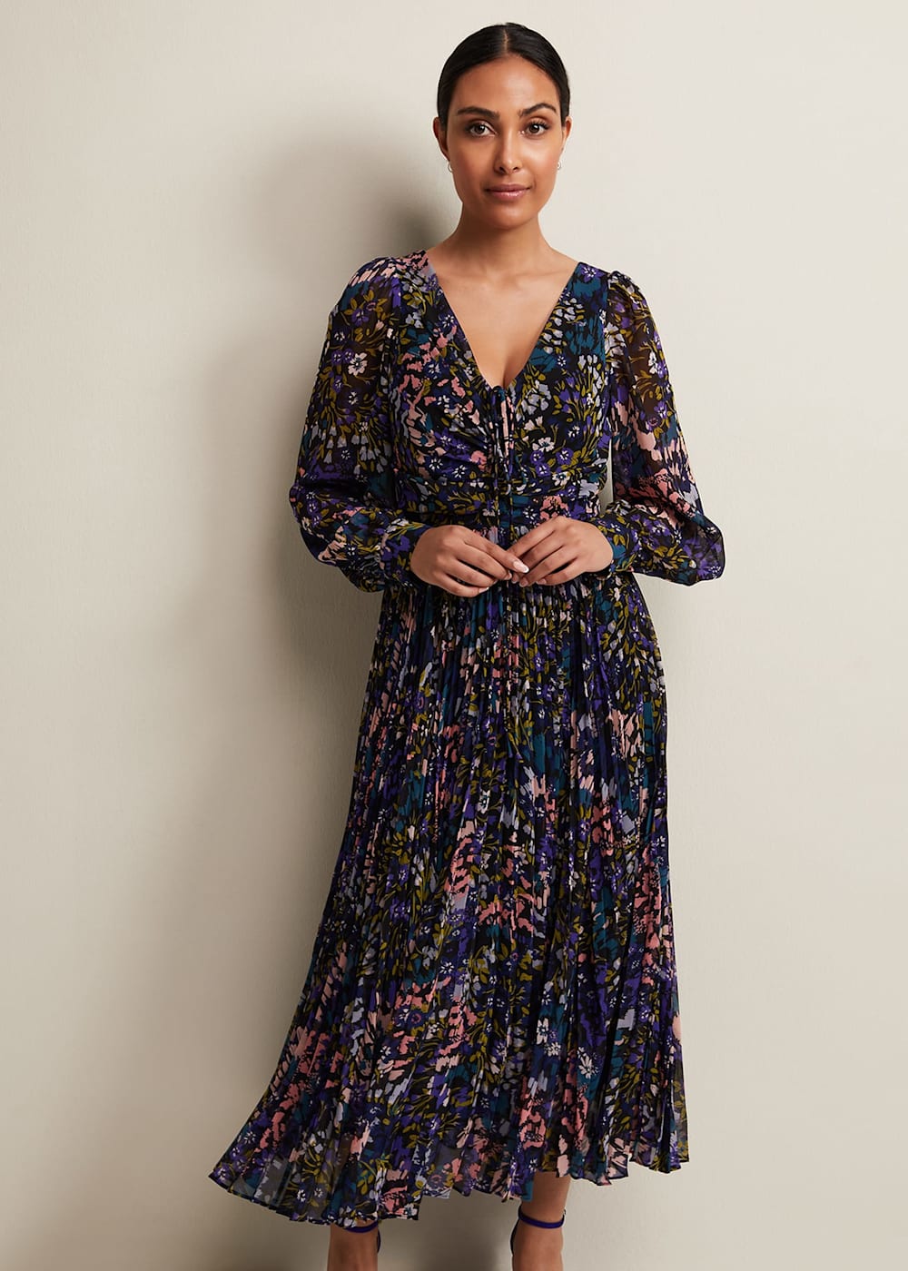 Petite Navy Multicoloured Floral Pleated Midi Dress Phase Eight Phase Eight UK