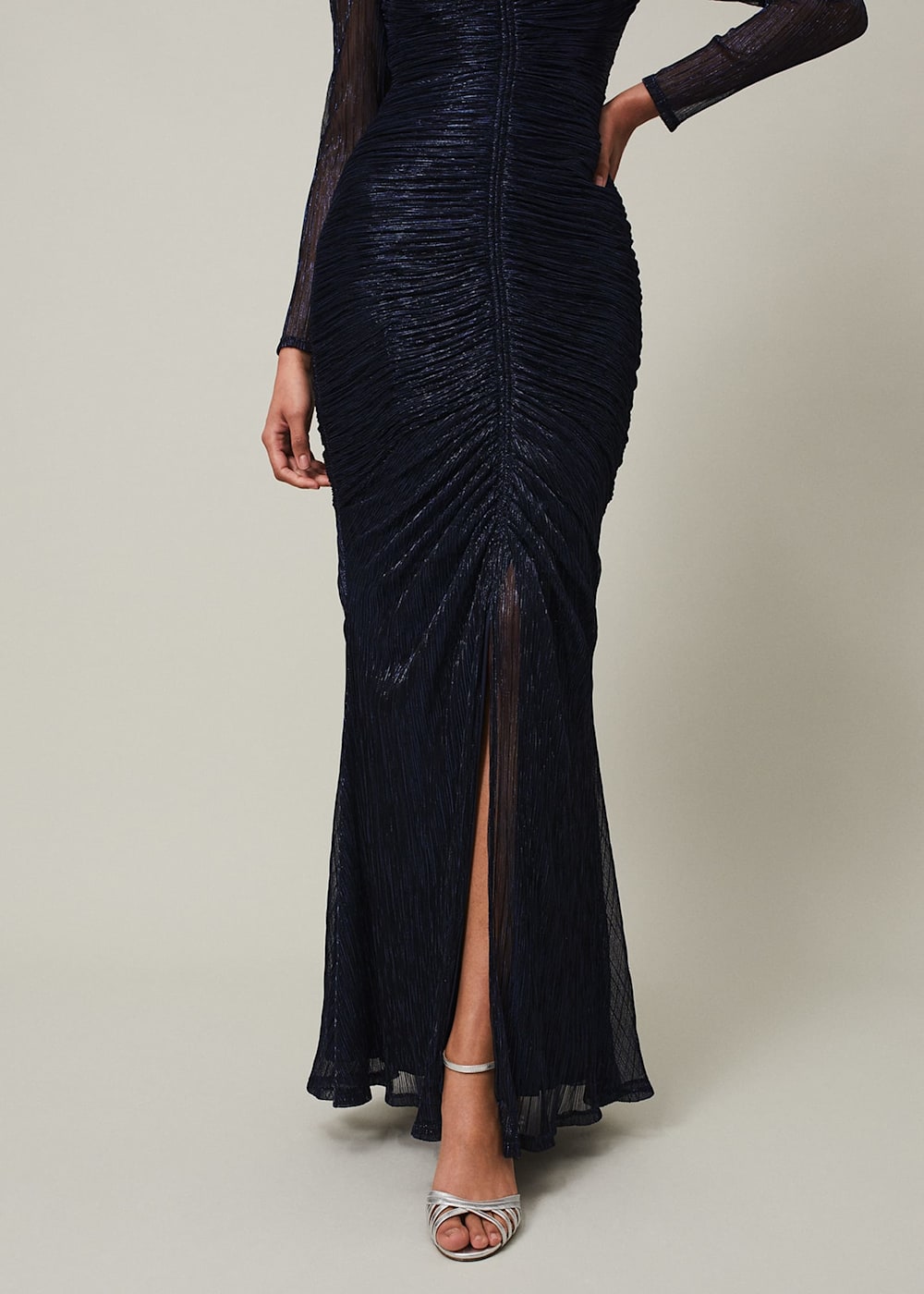 Navy Blue Metallic Ruched Maxi Dress Sheer Long Sleeves Phase Eight Phase Eight ROW