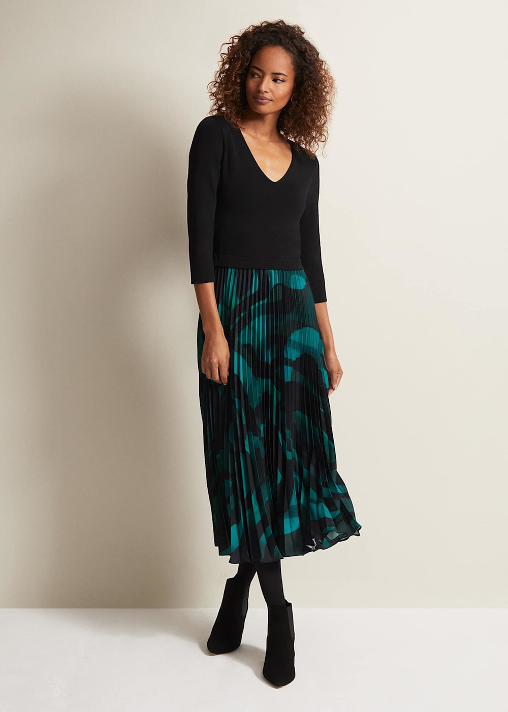 Blue Pleated Midi Dress With Black V Neck Knitted Top Phase Eight Phase Eight UK
