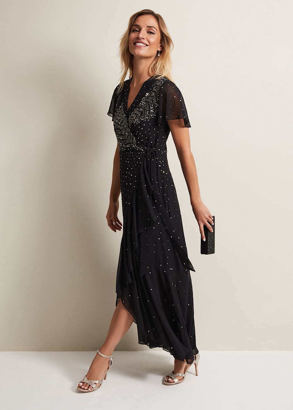 Black Maxi Dress with Wrap Bodice Bead Embellishments Phase Eight Phase Eight UK