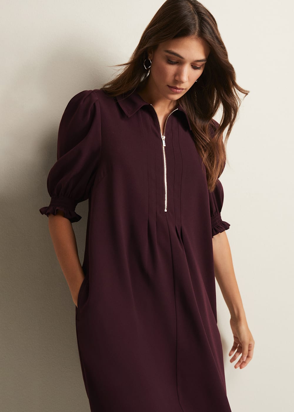 Burgundy Zip Up Mini Dress With Frill Sleeve Cuffs Phase Eight Phase Eight UK