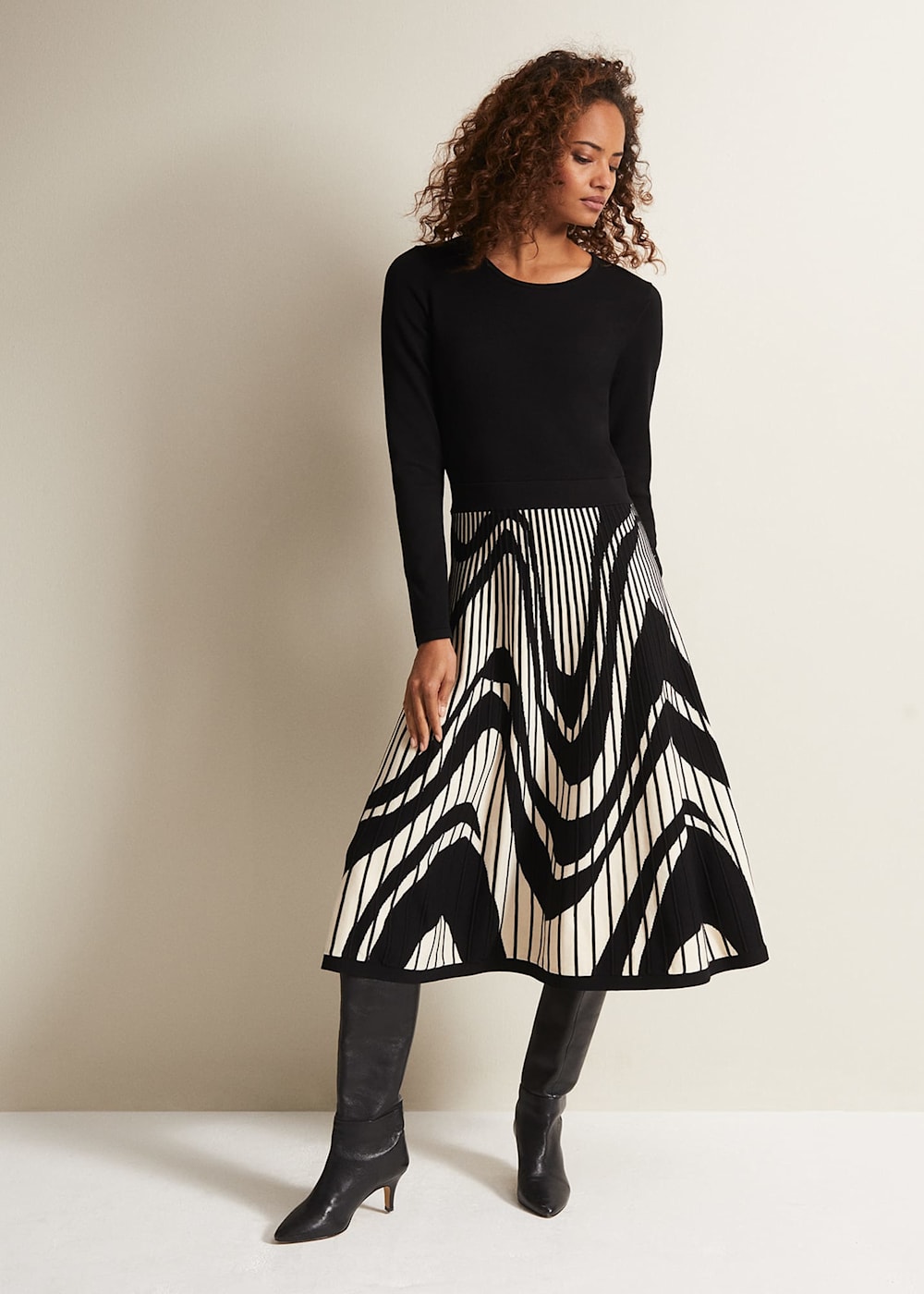 Black White Fit Flare Midi Dress with Abstract Print Phase Eight Phase Eight UK