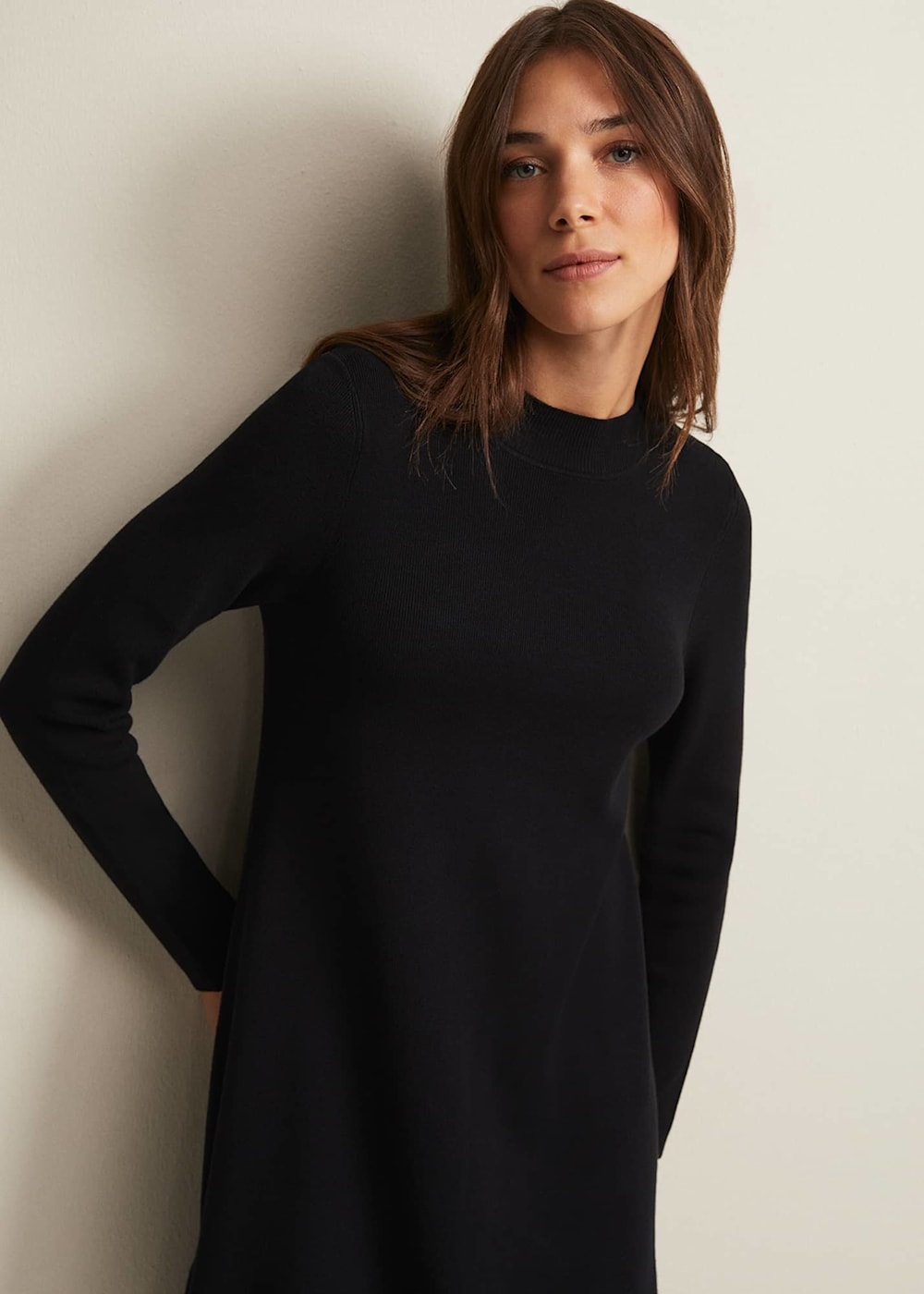 Black Fine Knit Mini Dress with Long Sleeves | Phase Eight