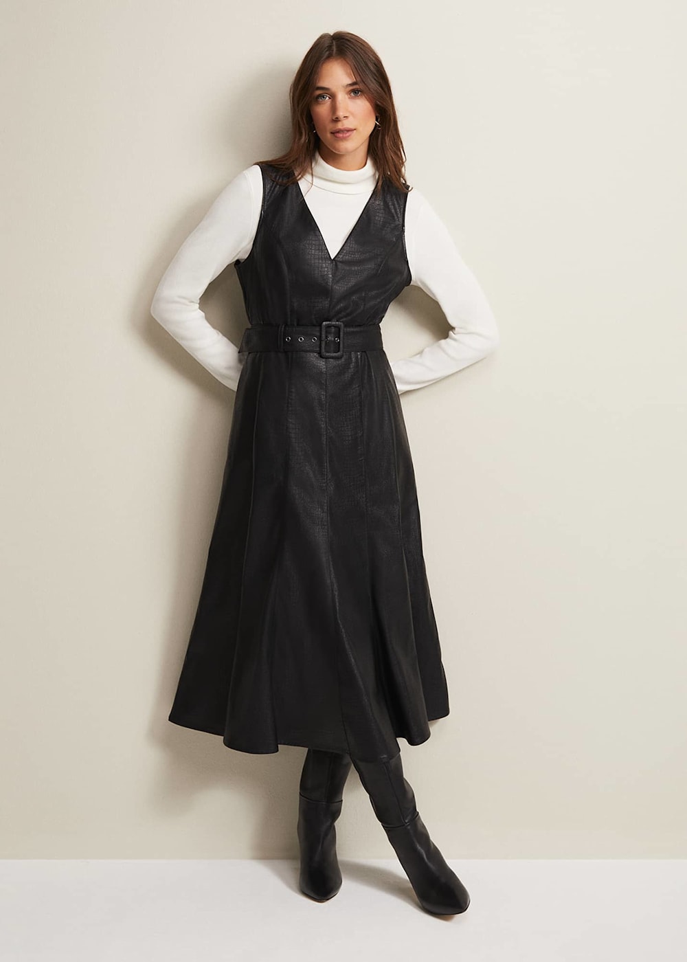 Khloe Black Faux Leather Midi Dress Phase Eight UK
