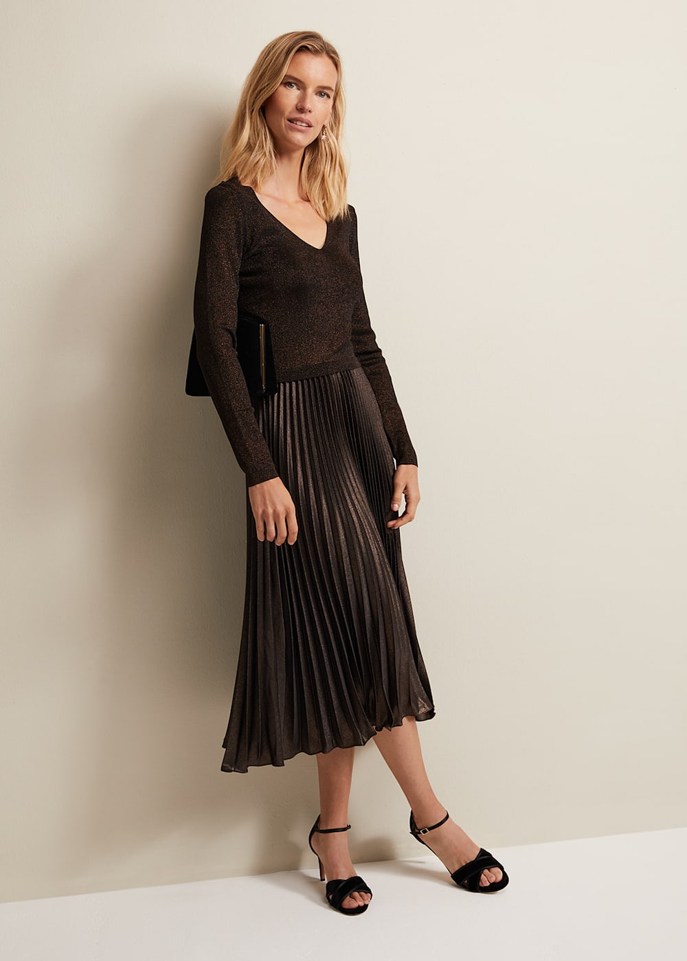 Isla Metallic Pleated Knitted Dress Phase Eight UK