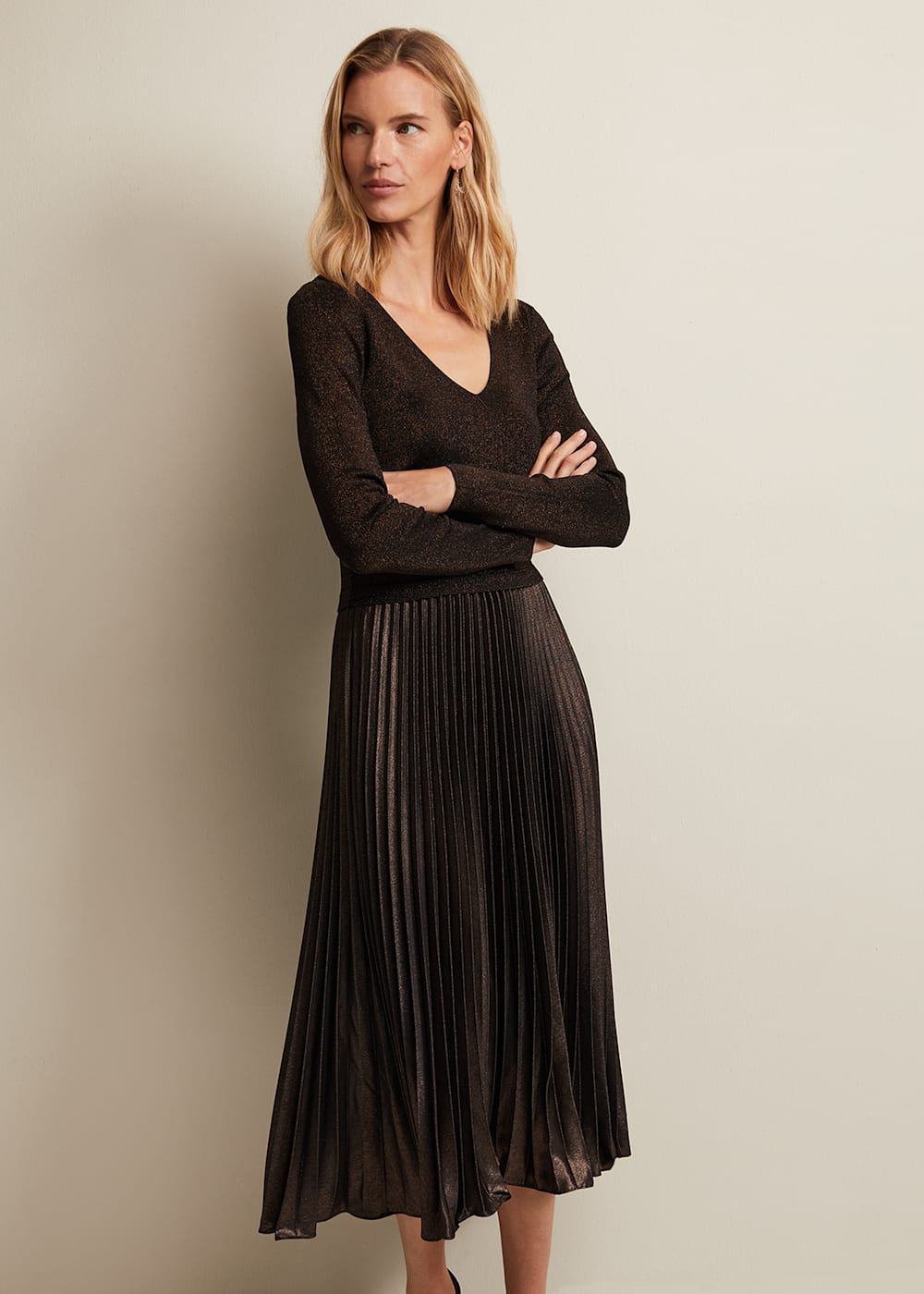 Metallic pleated skirt dress discount