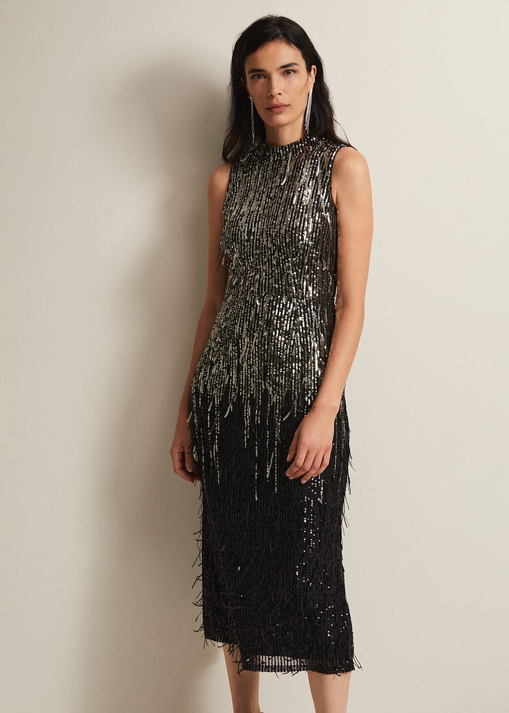 Phase Eight Clover Sequin Fringe Maxi Dress Black Size 14