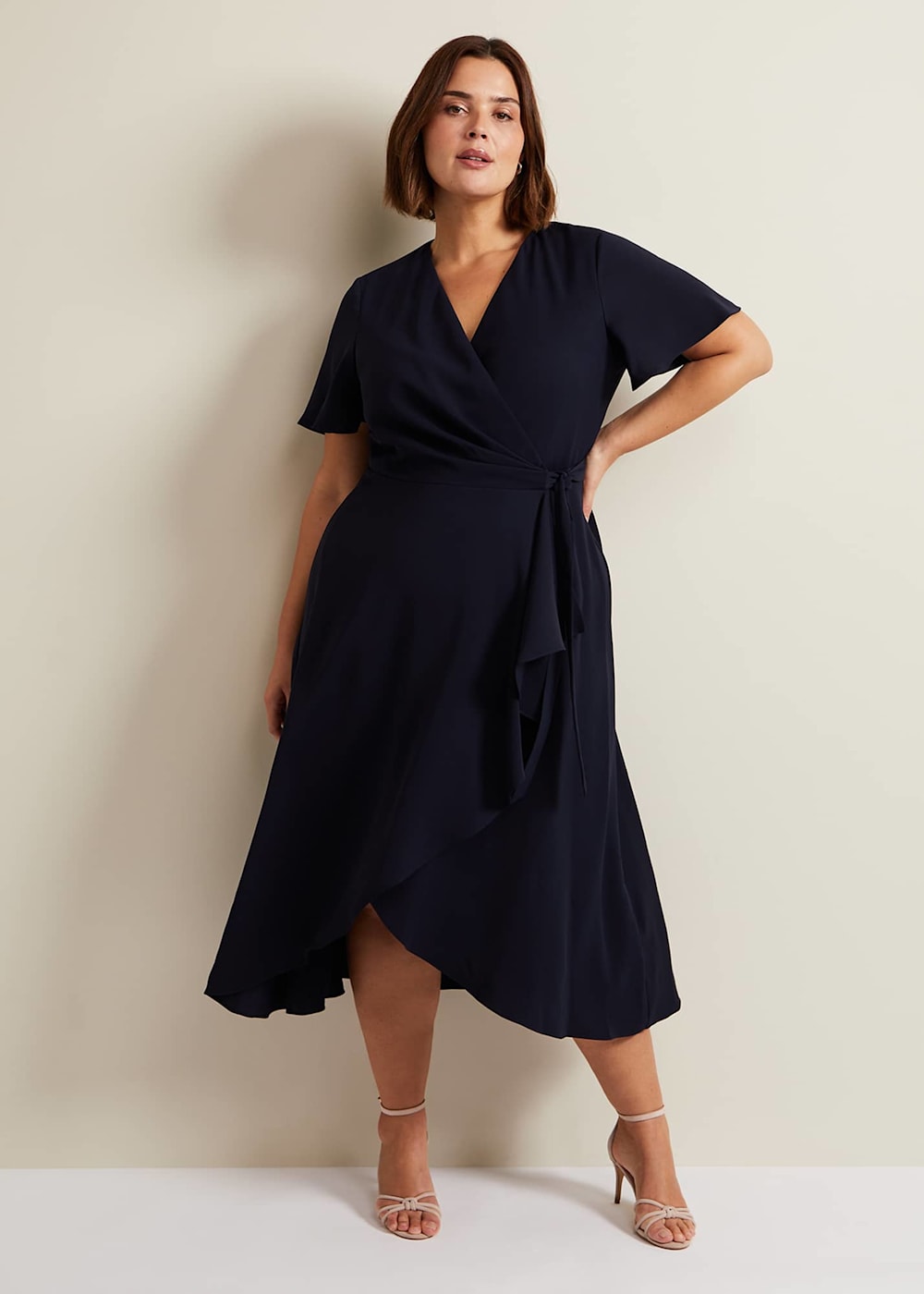 Navy frill wrap dress on sale