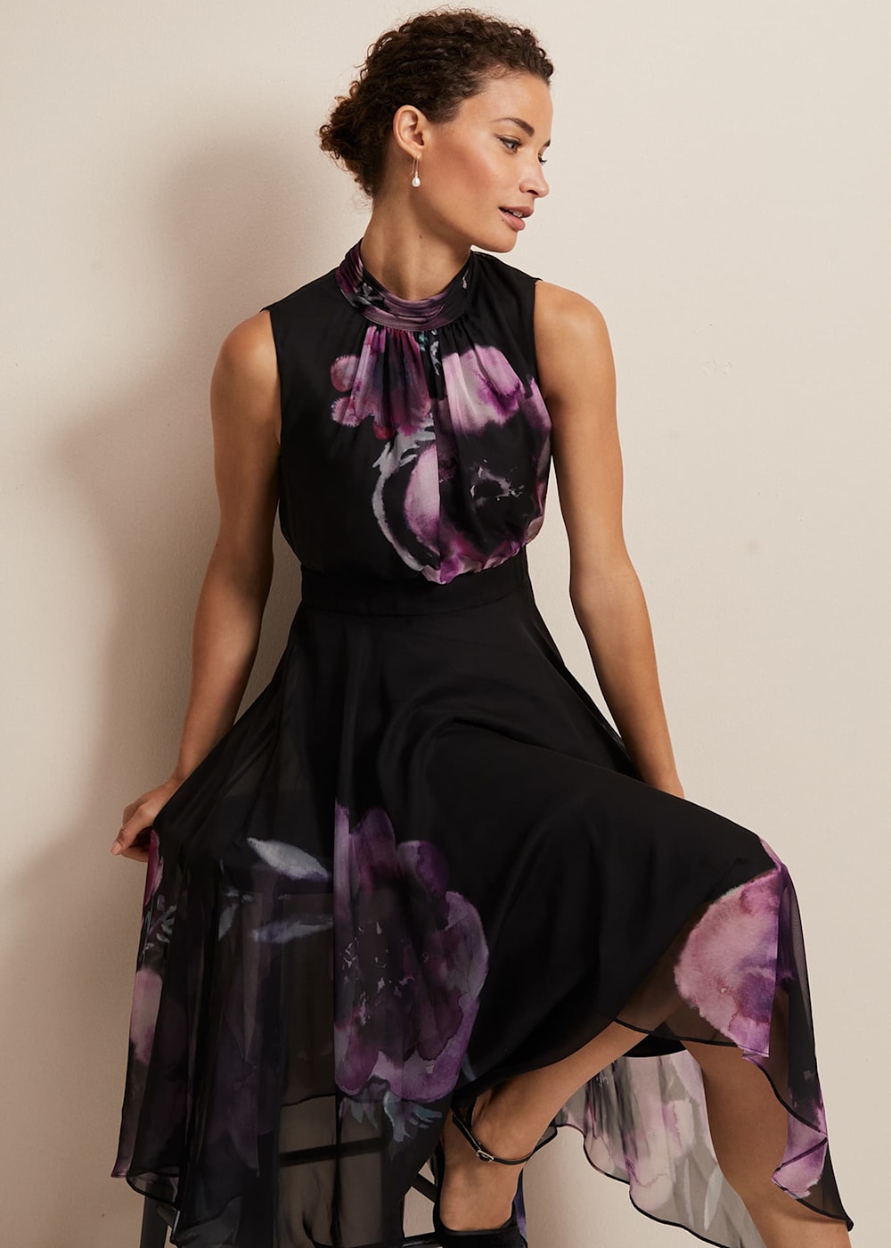Purple Floral Chiffon Midi Dress With High Neck Phase Eight Phase Eight UK