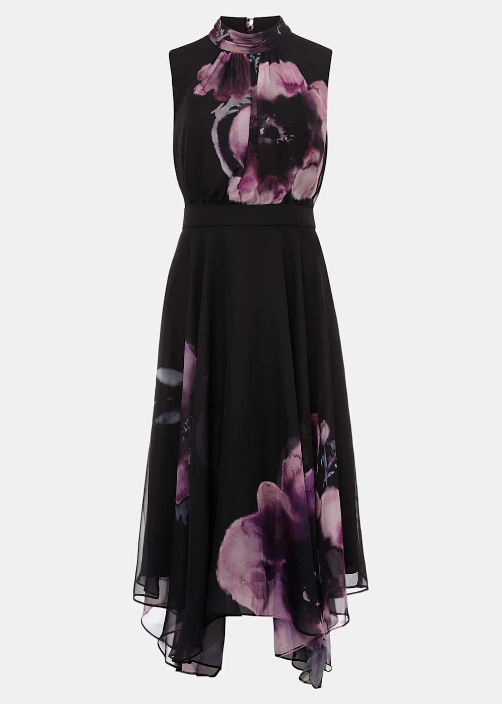 Purple Floral Chiffon Midi Dress With High Neck | Phase
