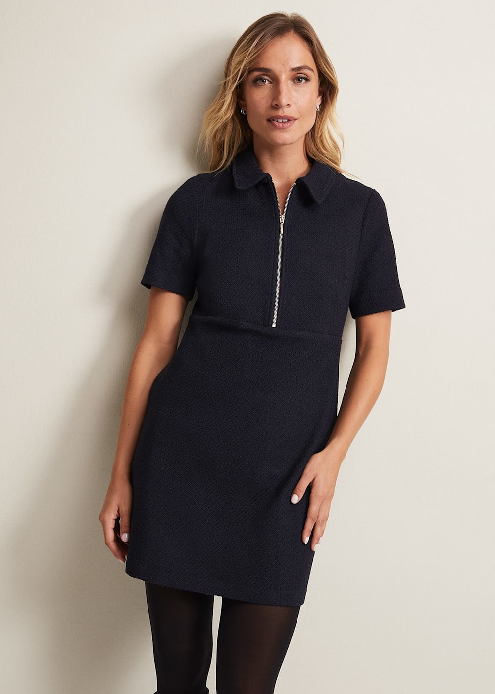 Phase Eight Lana Tweed Zip Tunic Mini Dress Navy Size 10