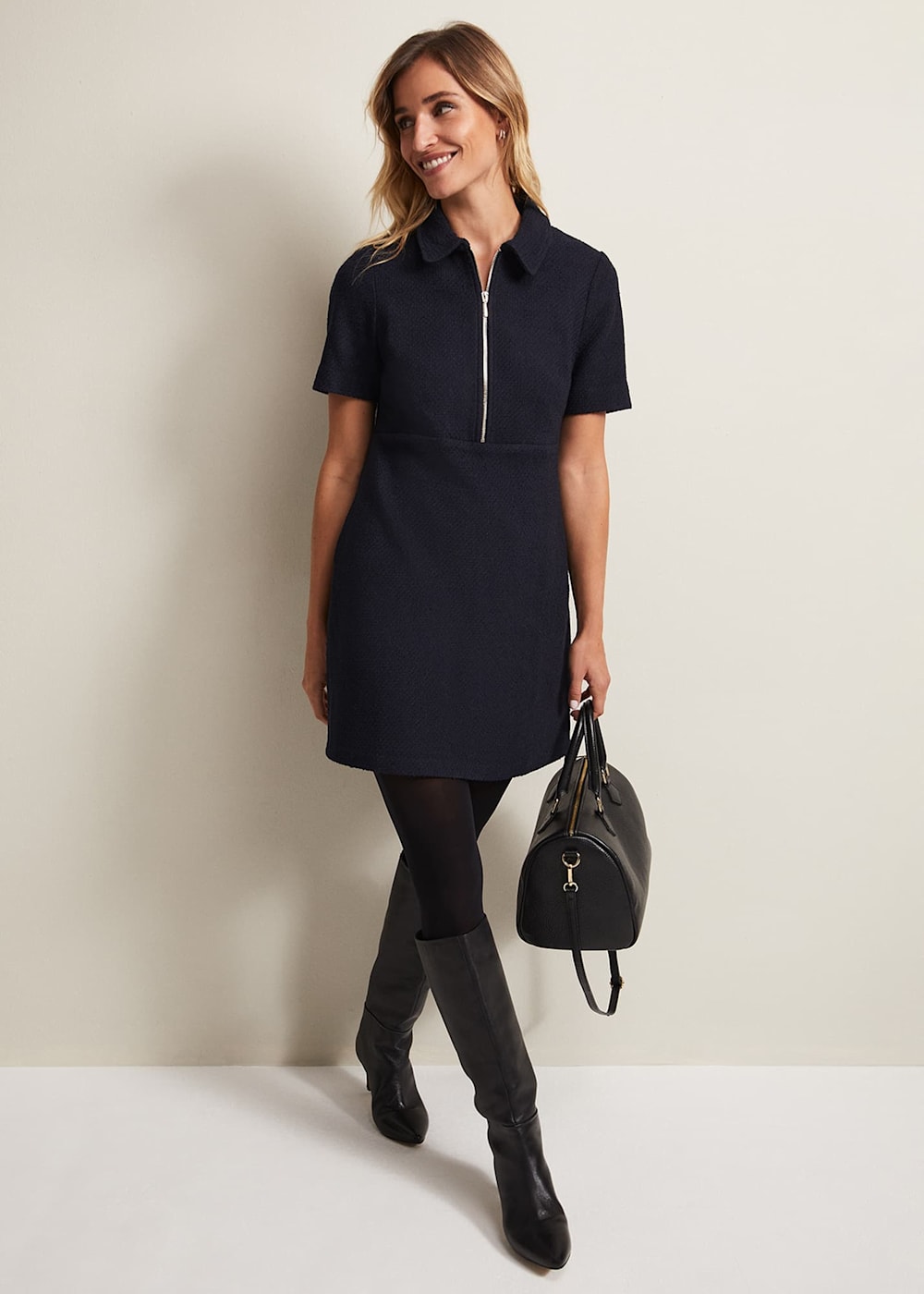 Phase Eight Lana Tweed Zip Tunic Mini Dress Navy Size 4