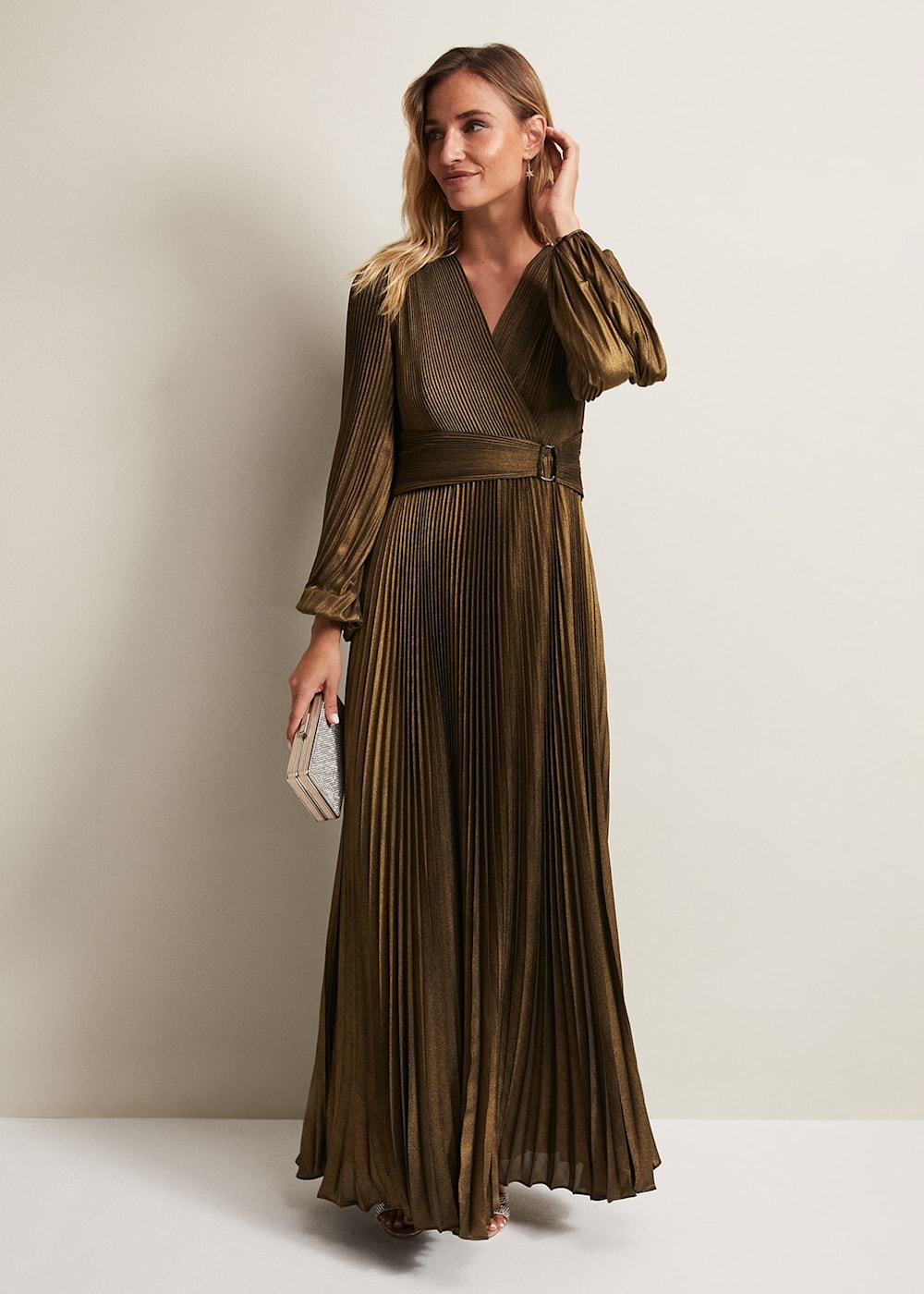 Phase Eight Adrianna Foil Pleated Maxi Dress Metallic Size 6