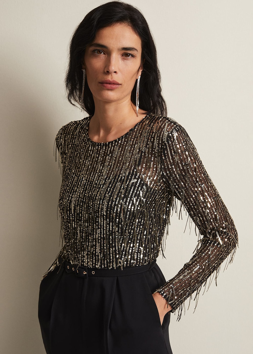 Phase Eight Mariah Sequin Fringe Wide Leg Jumpsuit Black Size 4