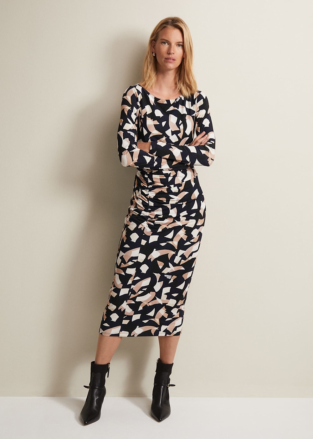 Phase Eight Jordana Geo Ruched Midi Dress Navy Size 6