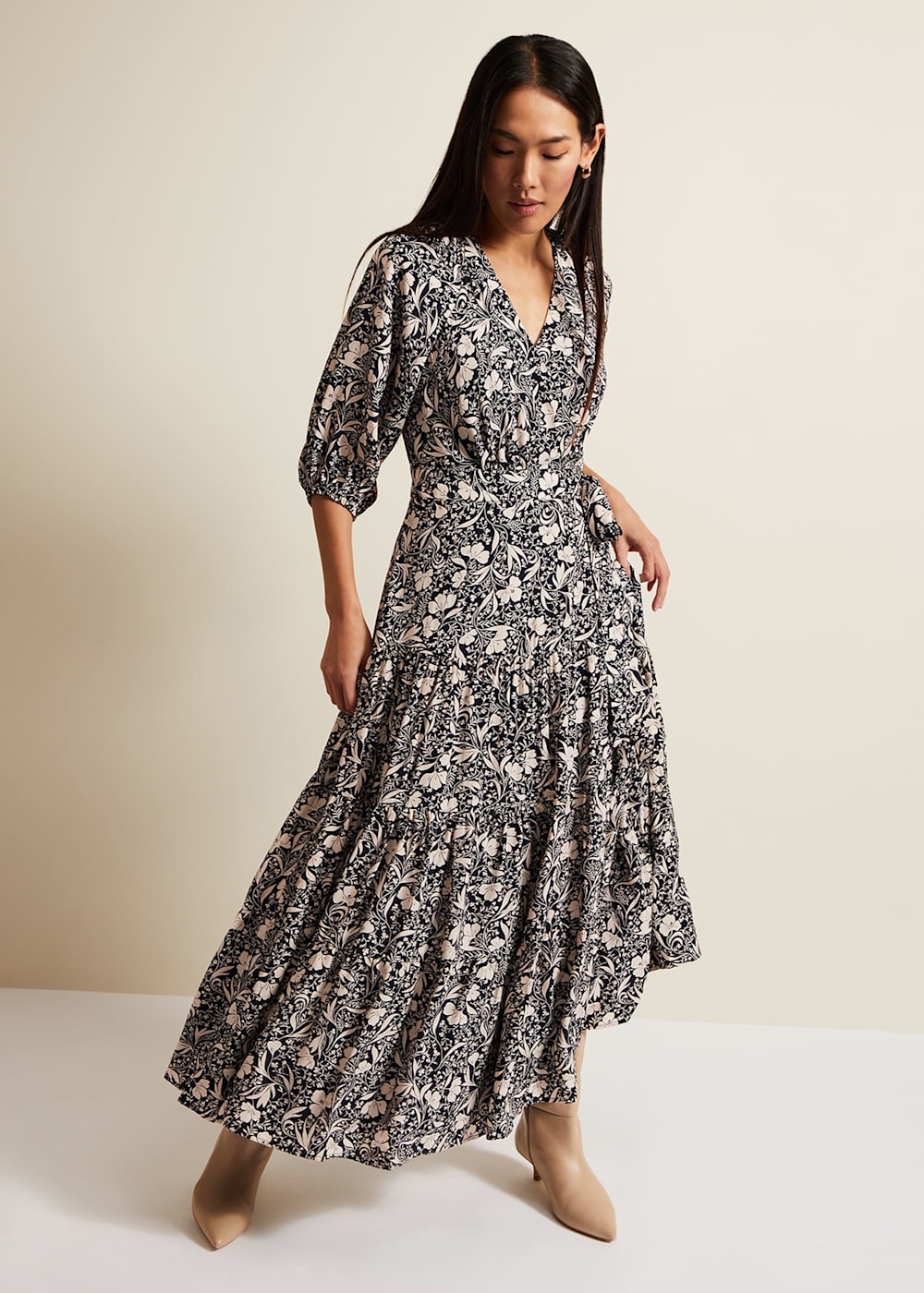 Floral wrap midi dress deals