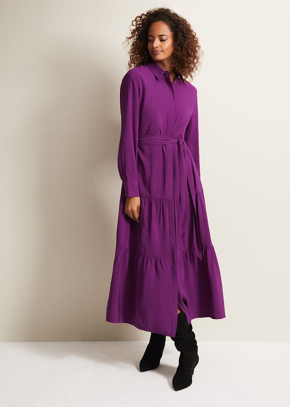 Purple Shirt Midaxi Dress with Tiered Skirt | Phase Eight | Phase Eight UK |