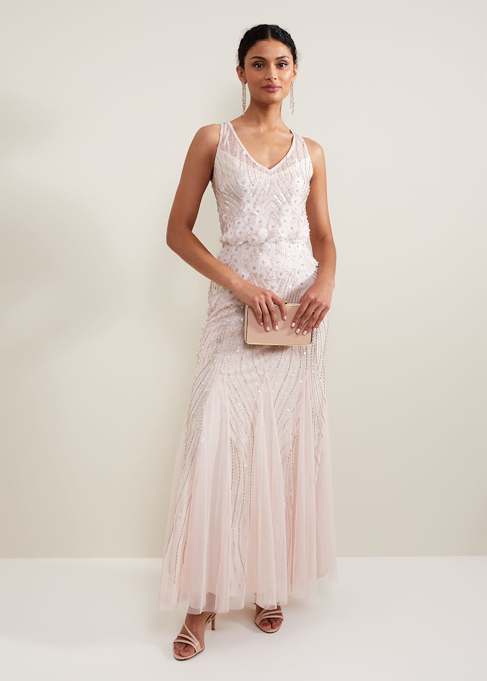 Phase Eight Lexi Ditsy Beaded Cowl Maxi Dress Pale Pink Size 14
