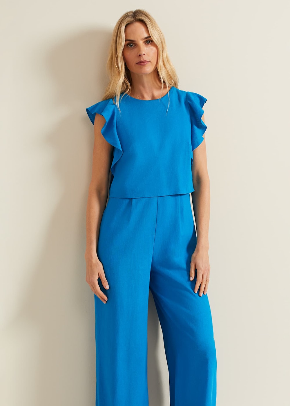 Aubrey Blue Linen Frill Jumpsuit Phase Eight UK