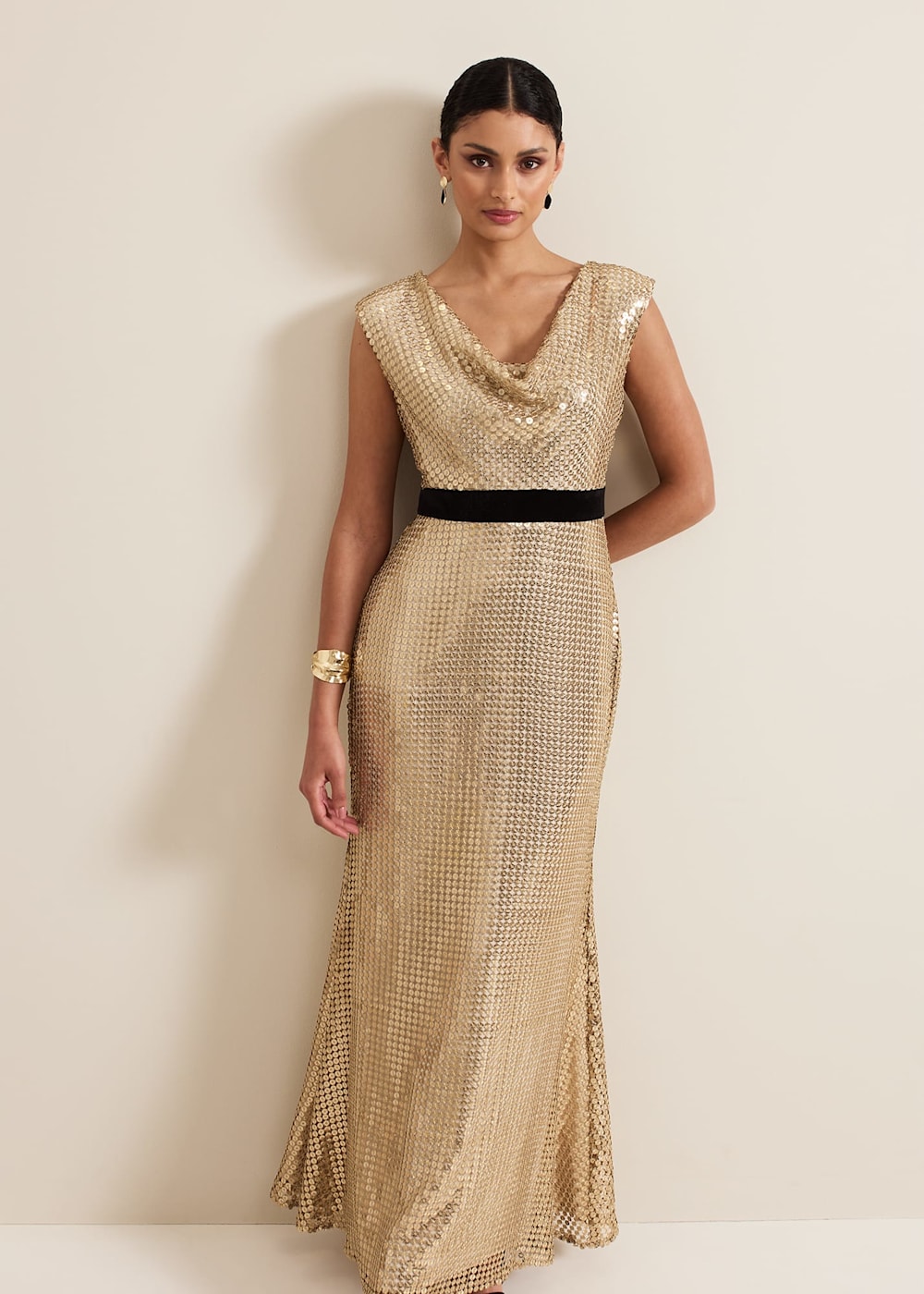 Phase Eight Jamae Gold Sequin Maxi Dress Gold Size 14