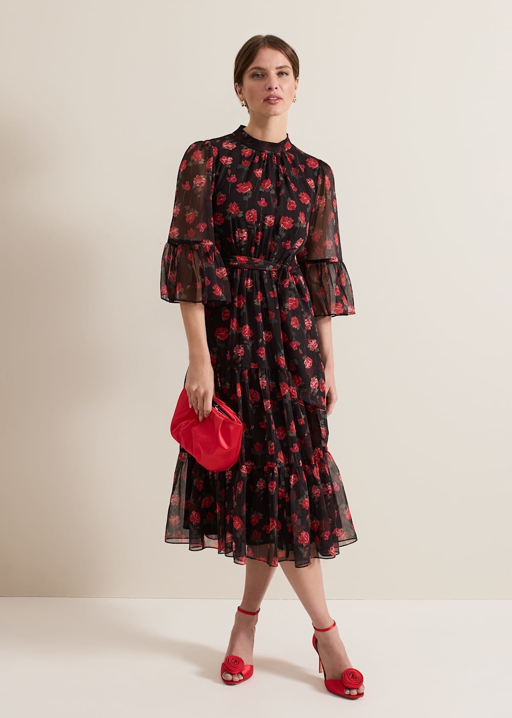 Phase Eight Petite Lela Floral Textured Midi Dress Black Multi Size 12