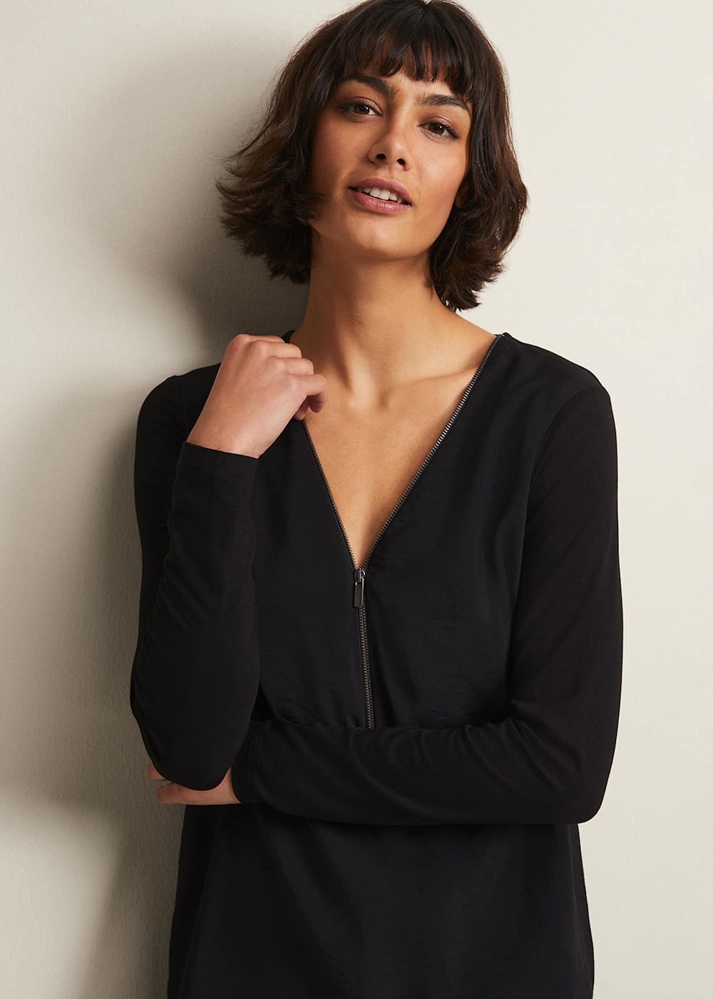 Black Tunic Top with V-Neck Zip Detail & Long Sleeves | Phase Eight | Phase  Eight UK |