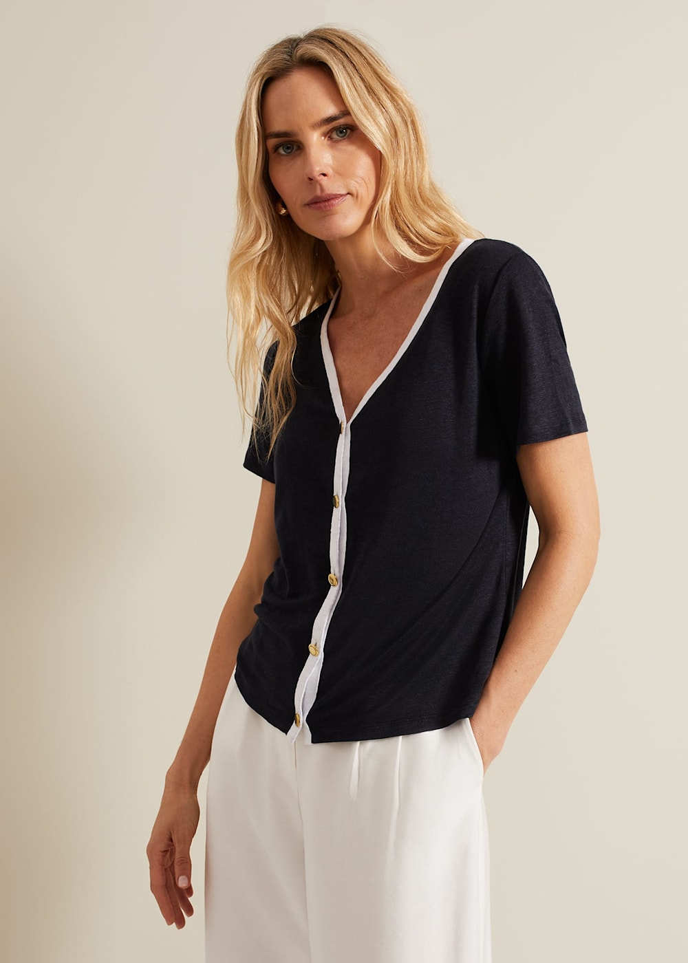 Dorothy Contrast Piping Linen Top | Phase Eight UK |