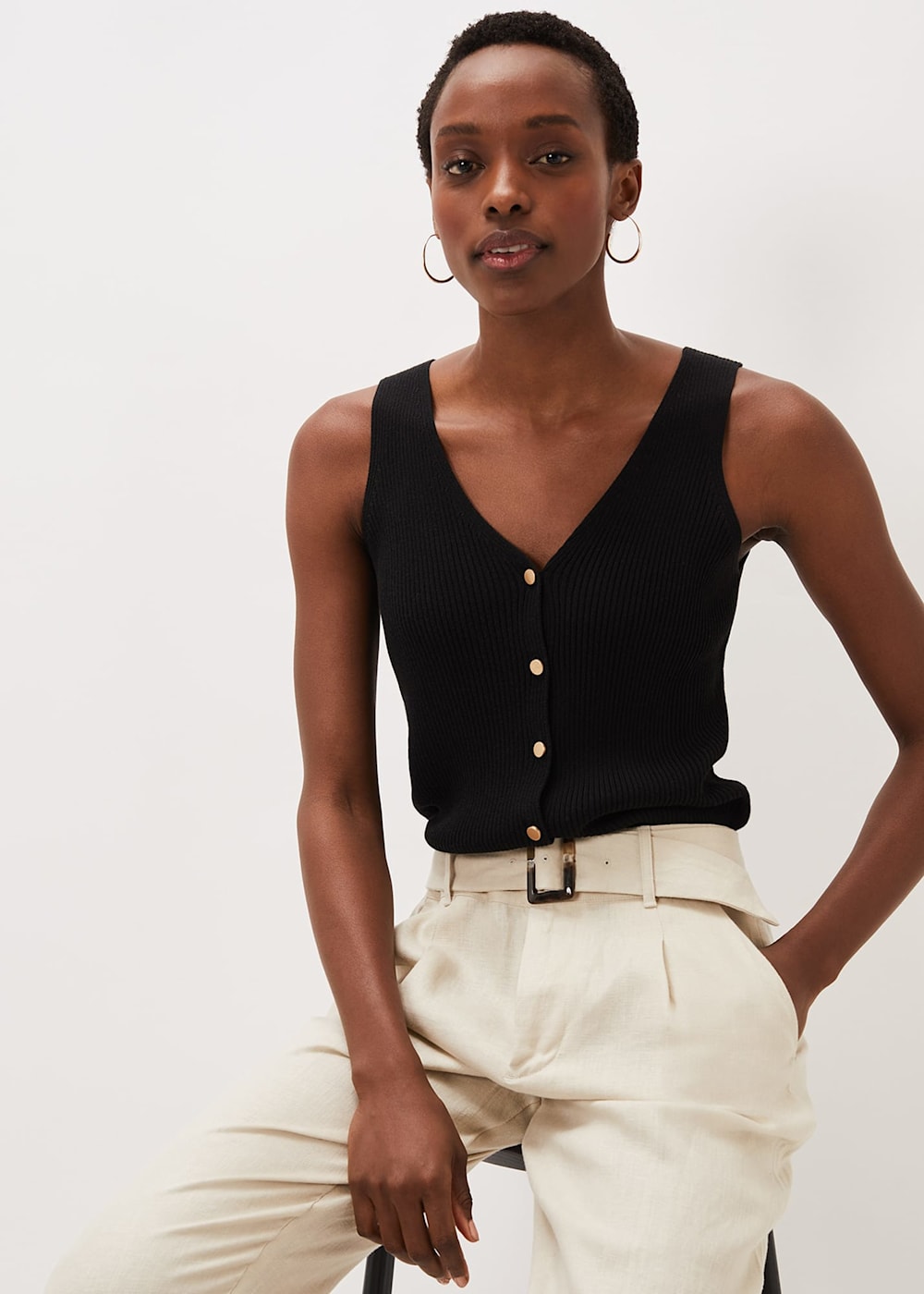 Celine Ribbed Button Vest Top | Phase Eight UK |