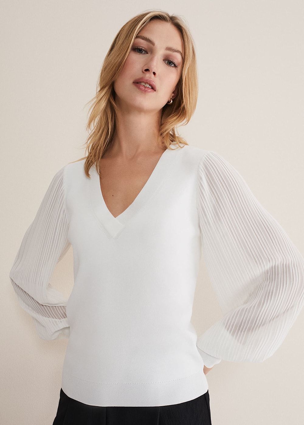 Ivory V Neck Jumper With Sheer Pleated Sleeves Phase Eight Phase Eight ROW