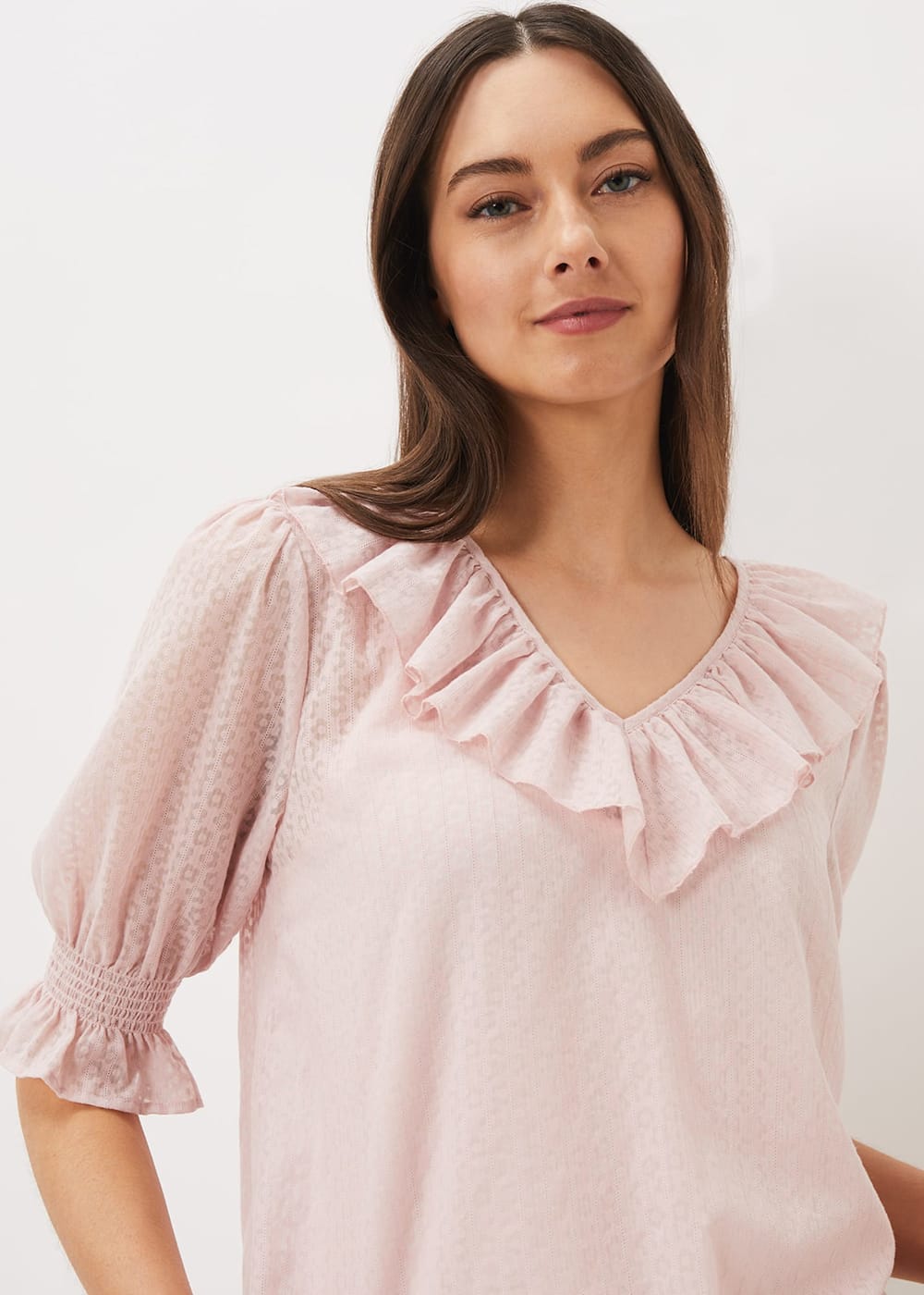 Pink ruffle neck blouse store