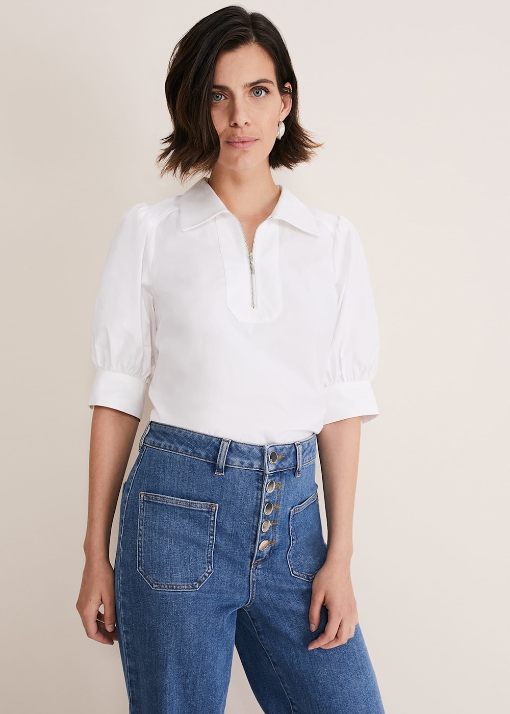 White zip front puff sleeve top shop